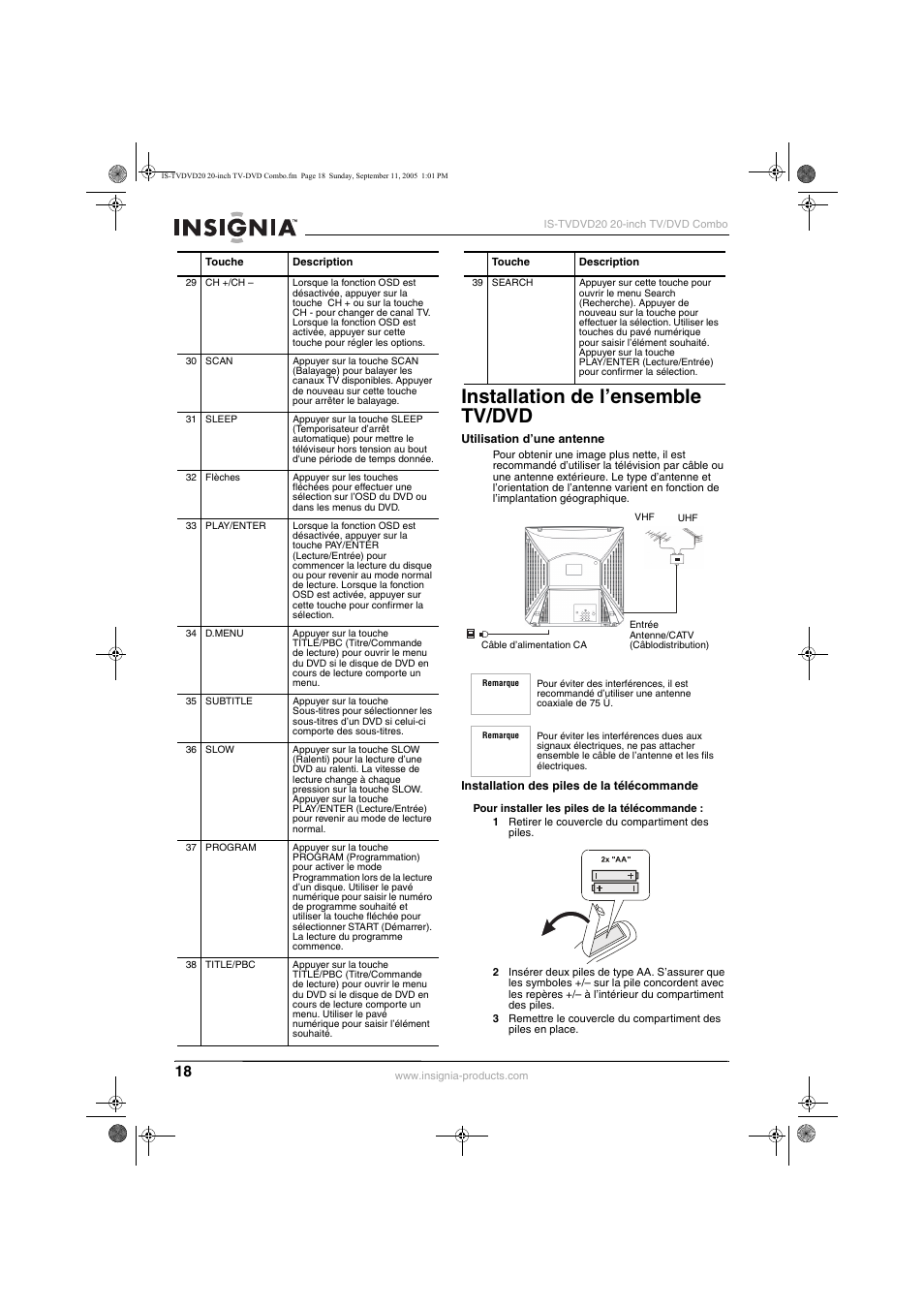 Installation de l’ensemble tv/dvd | Insignia IS-TVDVD20 User Manual | Page 20 / 44