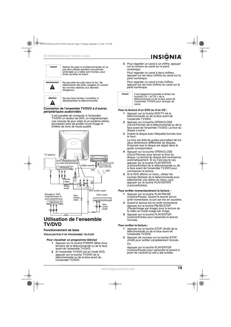 Utilisation de l’ensemble tv/dvd | Insignia IS-TVDVD20 User Manual | Page 21 / 44