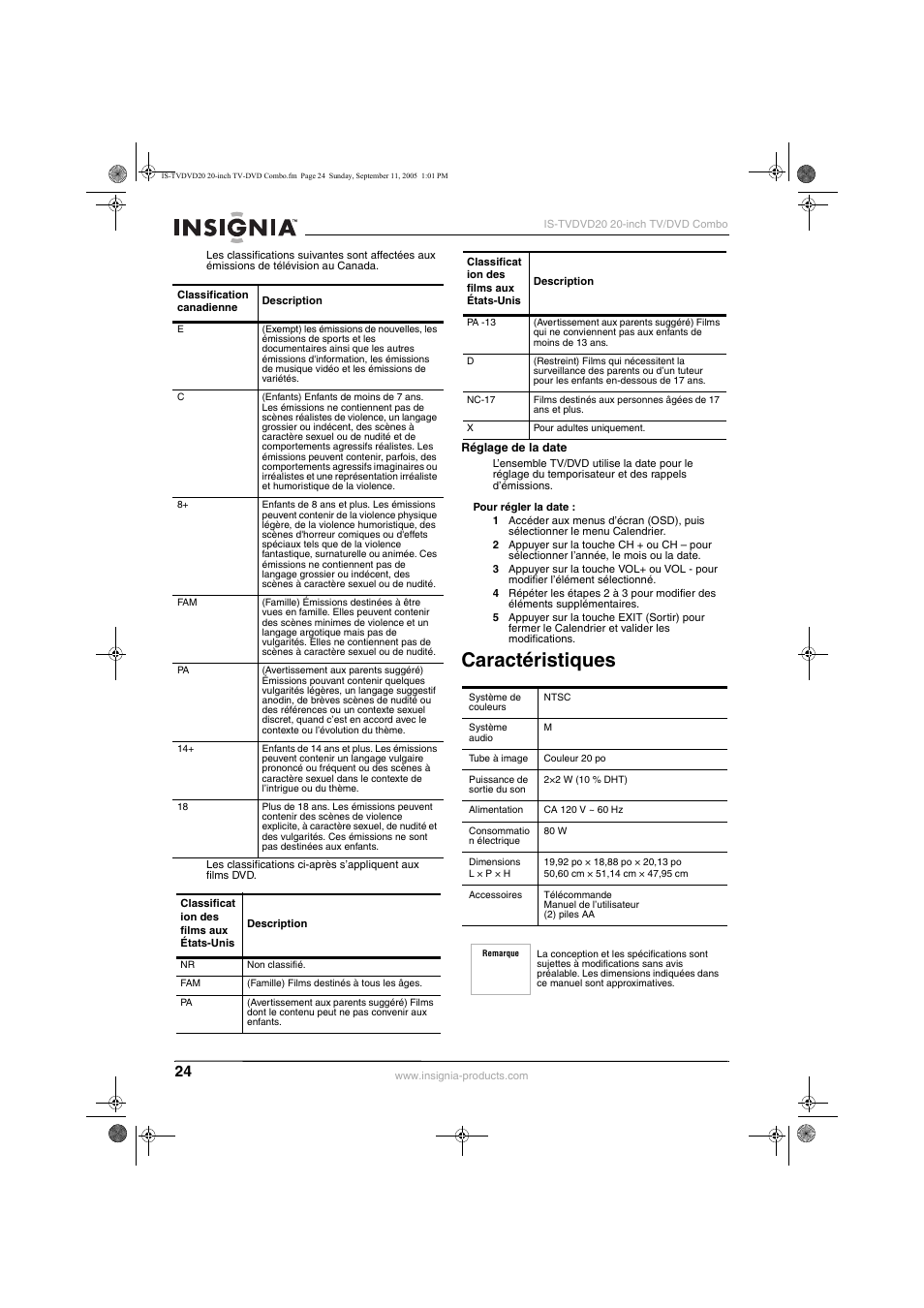 Caractéristiques | Insignia IS-TVDVD20 User Manual | Page 26 / 44