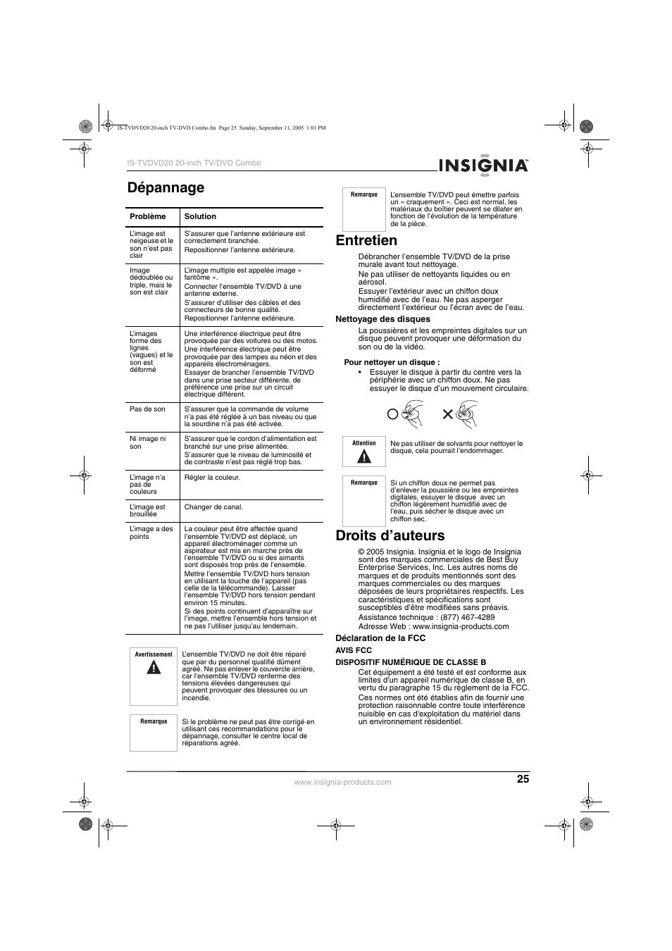 Dépannage entretien, Droits d’auteurs | Insignia IS-TVDVD20 User Manual | Page 27 / 44