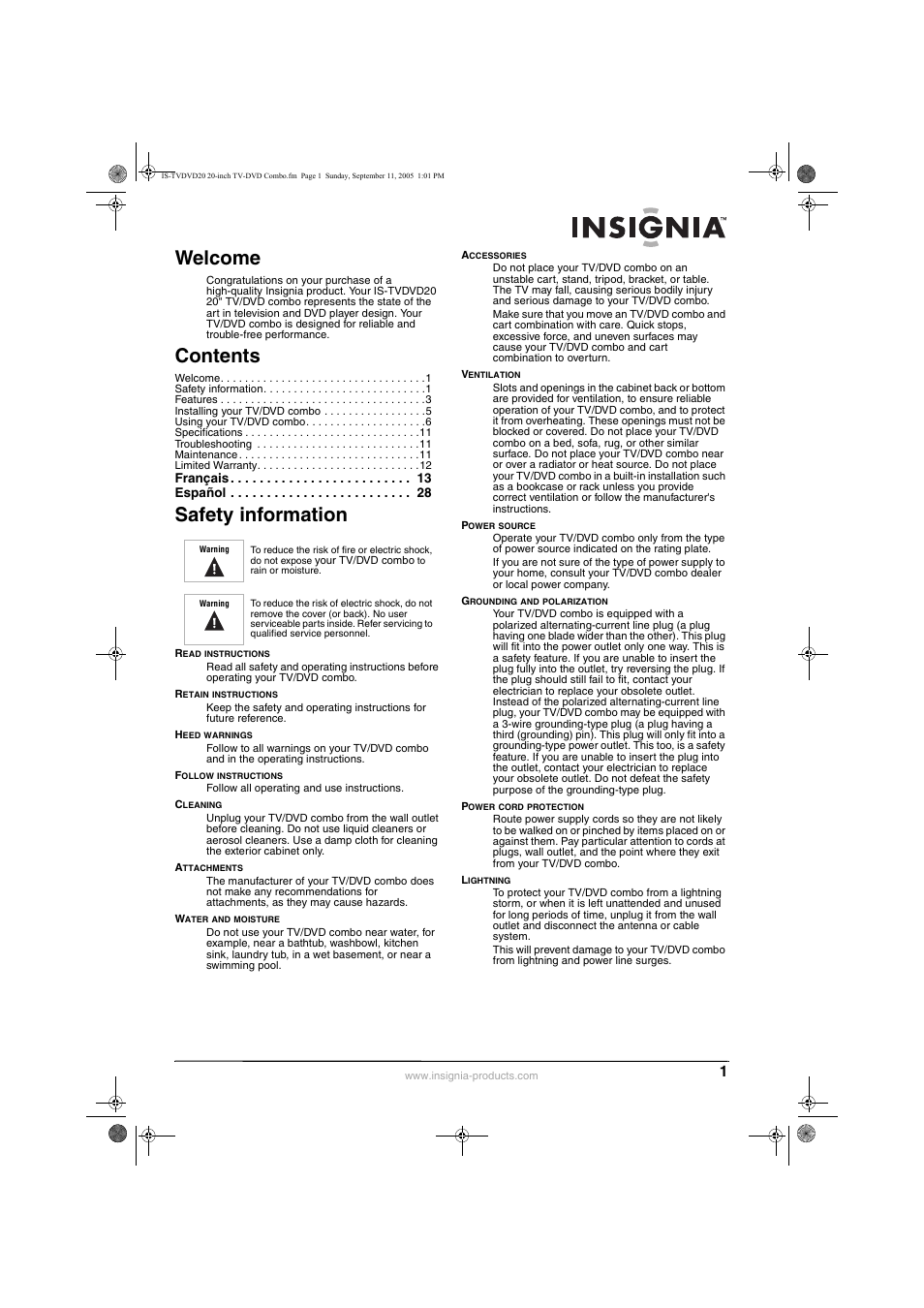 Insignia IS-TVDVD20 User Manual | Page 3 / 44