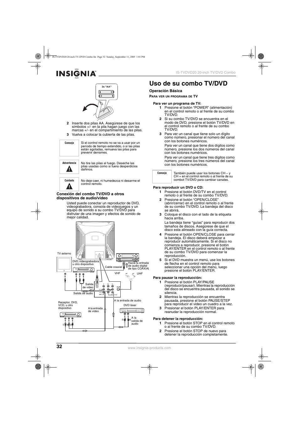 Uso de su combo tv/dvd | Insignia IS-TVDVD20 User Manual | Page 34 / 44