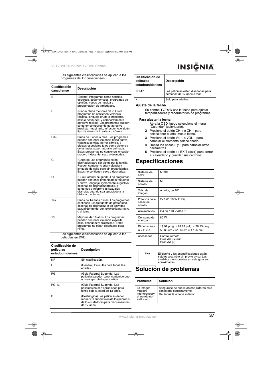Especificaciones solución de problemas | Insignia IS-TVDVD20 User Manual | Page 39 / 44