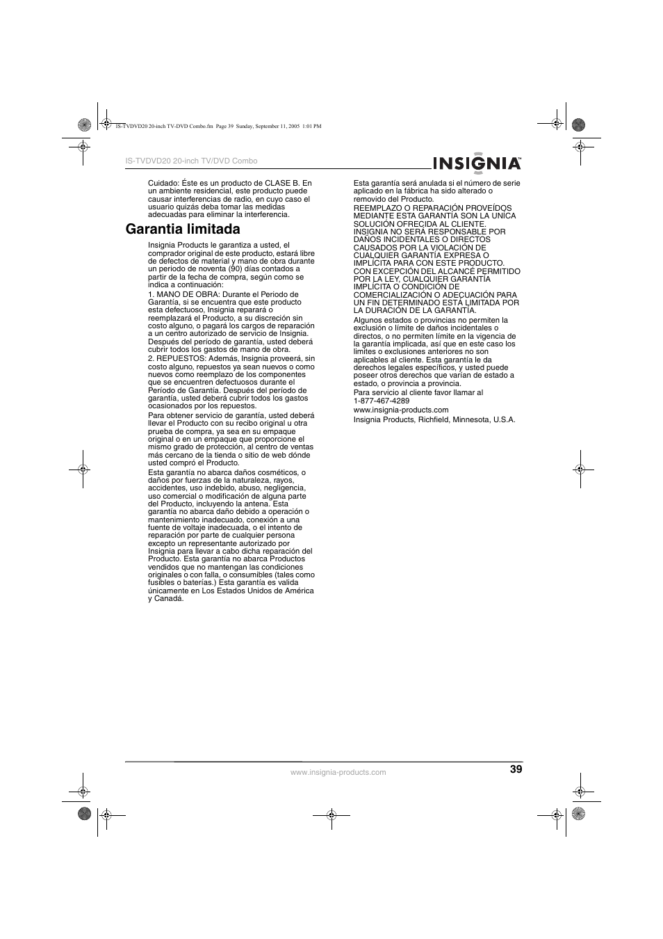 Garantia limitada | Insignia IS-TVDVD20 User Manual | Page 41 / 44