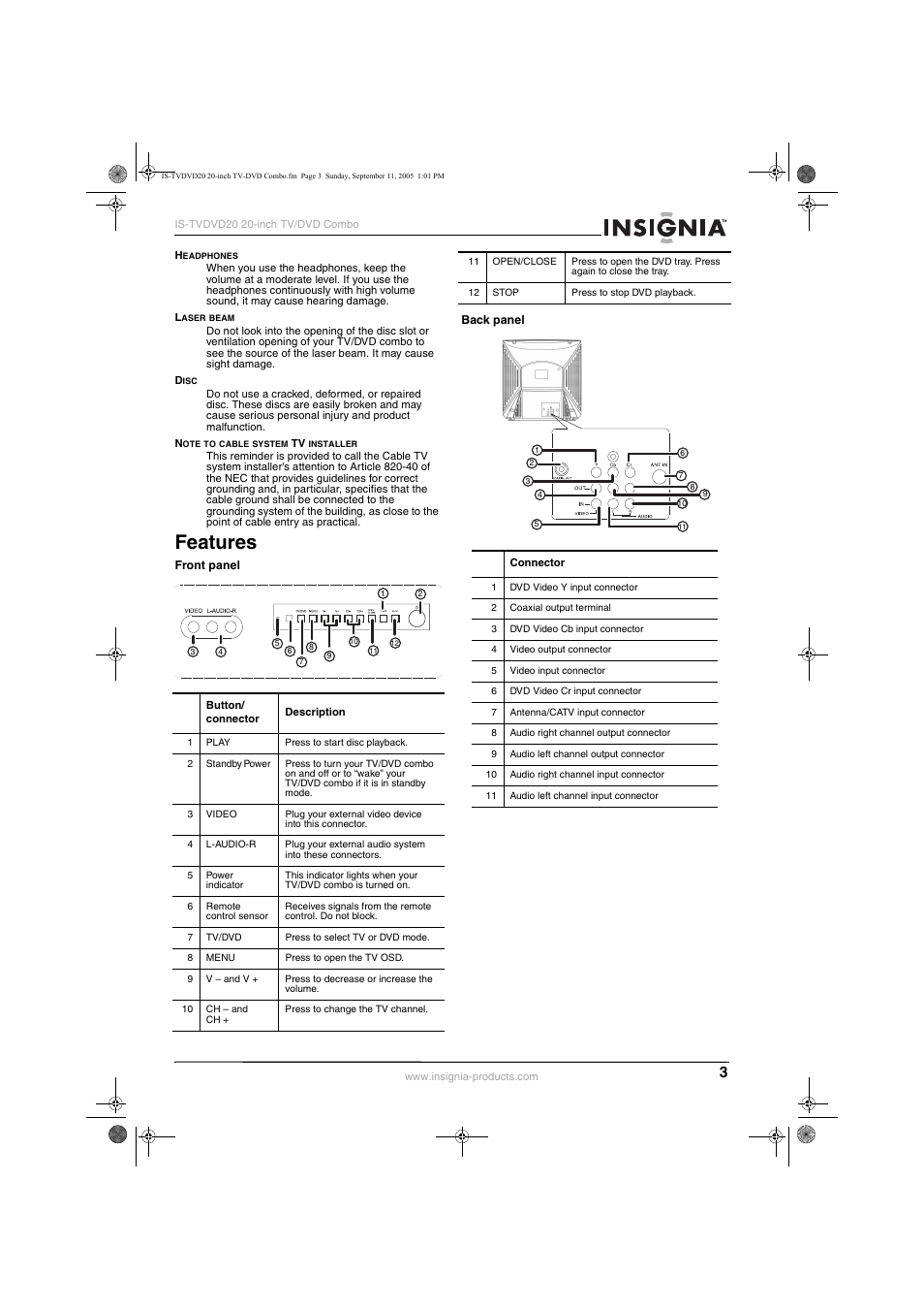 Features | Insignia IS-TVDVD20 User Manual | Page 5 / 44