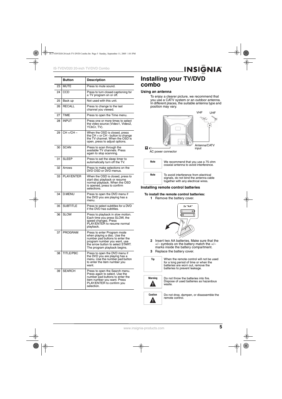 Installing your tv/dvd combo | Insignia IS-TVDVD20 User Manual | Page 7 / 44