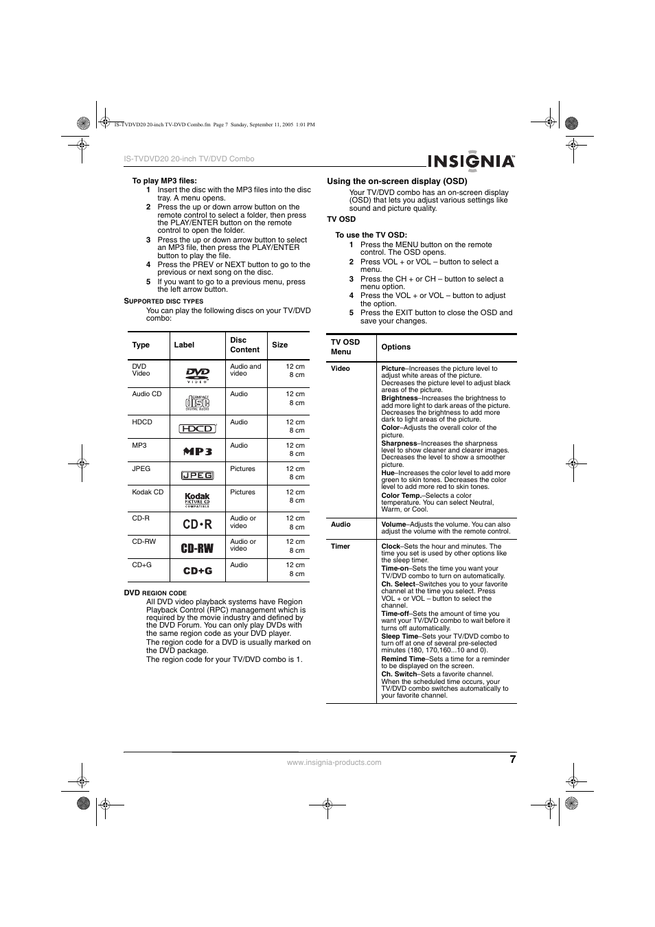 Insignia IS-TVDVD20 User Manual | Page 9 / 44