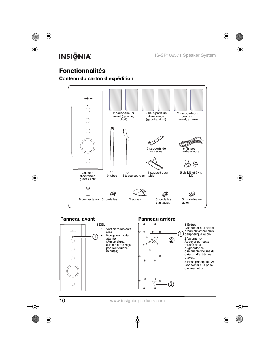 Fonctionnalités, Contenu du carton d’expédition, Panneau avant panneau arrière | Insignia IS-SP102371 User Manual | Page 12 / 26