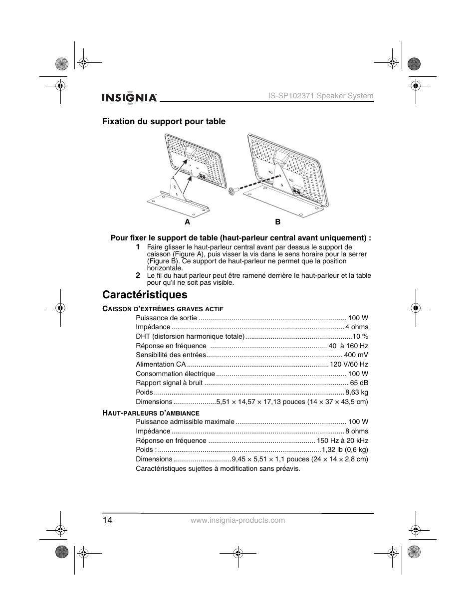 Caractéristiques | Insignia IS-SP102371 User Manual | Page 16 / 26