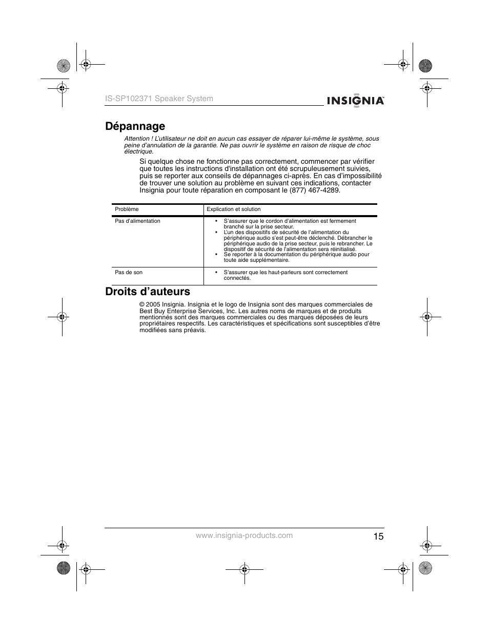 Dépannage, Droits d’auteurs | Insignia IS-SP102371 User Manual | Page 17 / 26