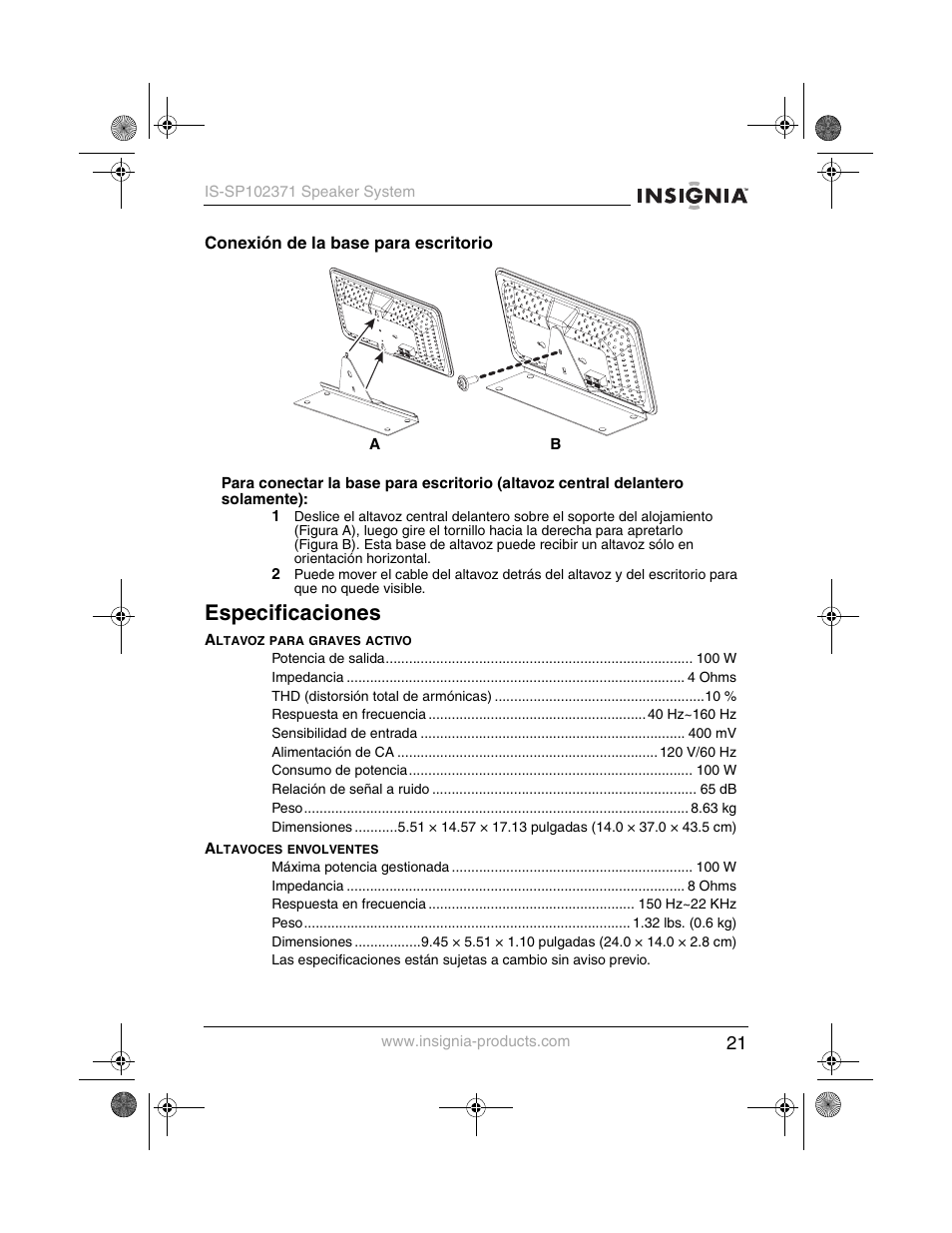 Especificaciones | Insignia IS-SP102371 User Manual | Page 23 / 26