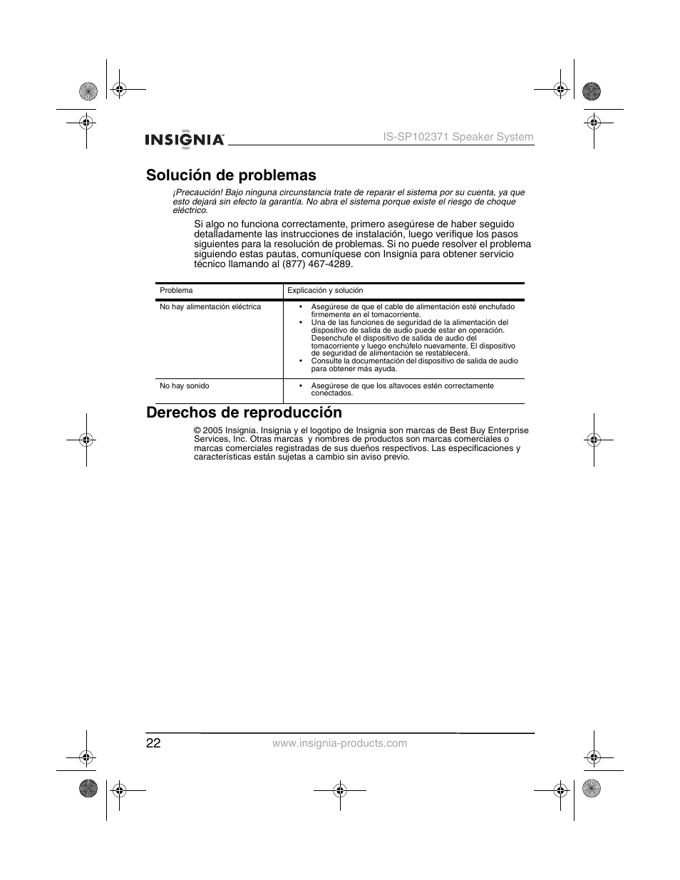 Solución de problemas, Derechos de reproducción | Insignia IS-SP102371 User Manual | Page 24 / 26
