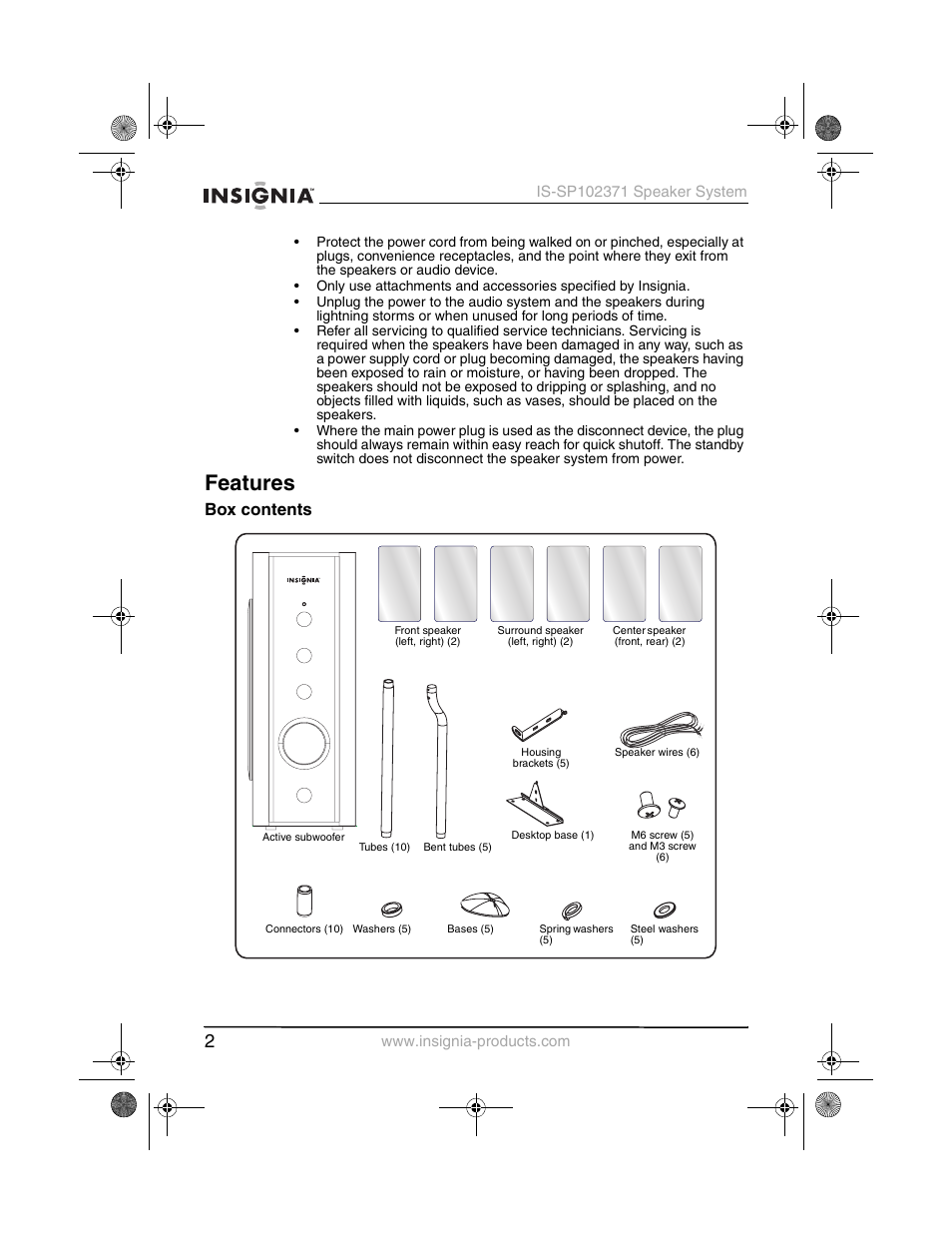 Features, Box contents | Insignia IS-SP102371 User Manual | Page 4 / 26
