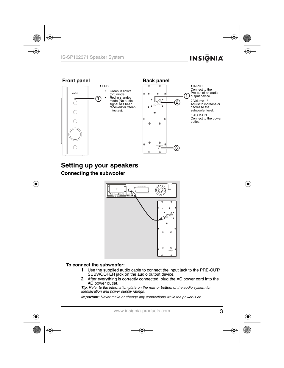 Setting up your speakers | Insignia IS-SP102371 User Manual | Page 5 / 26