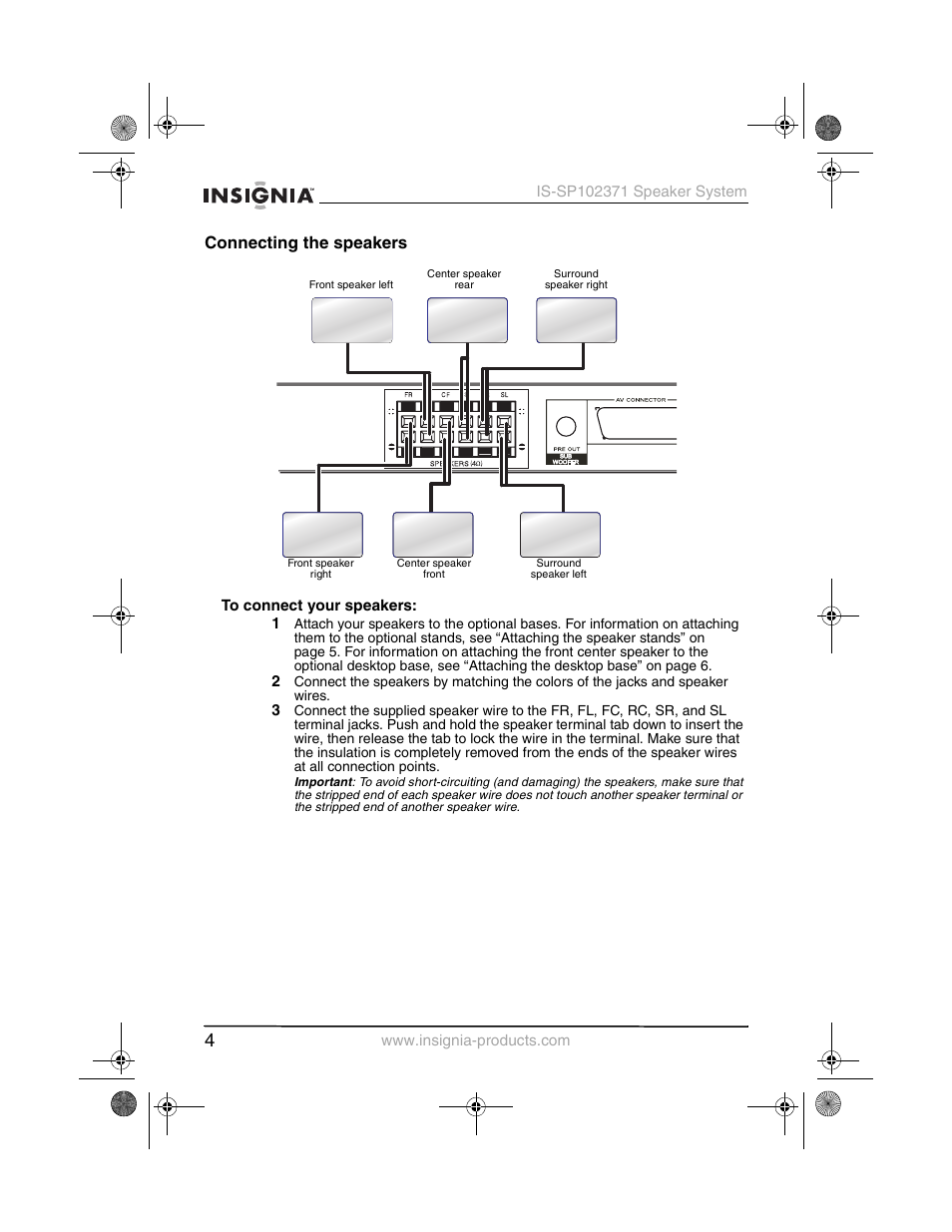 Connecting the speakers | Insignia IS-SP102371 User Manual | Page 6 / 26