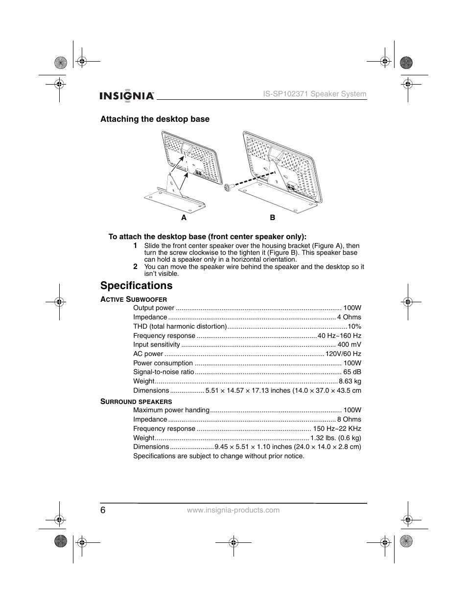 Specifications | Insignia IS-SP102371 User Manual | Page 8 / 26
