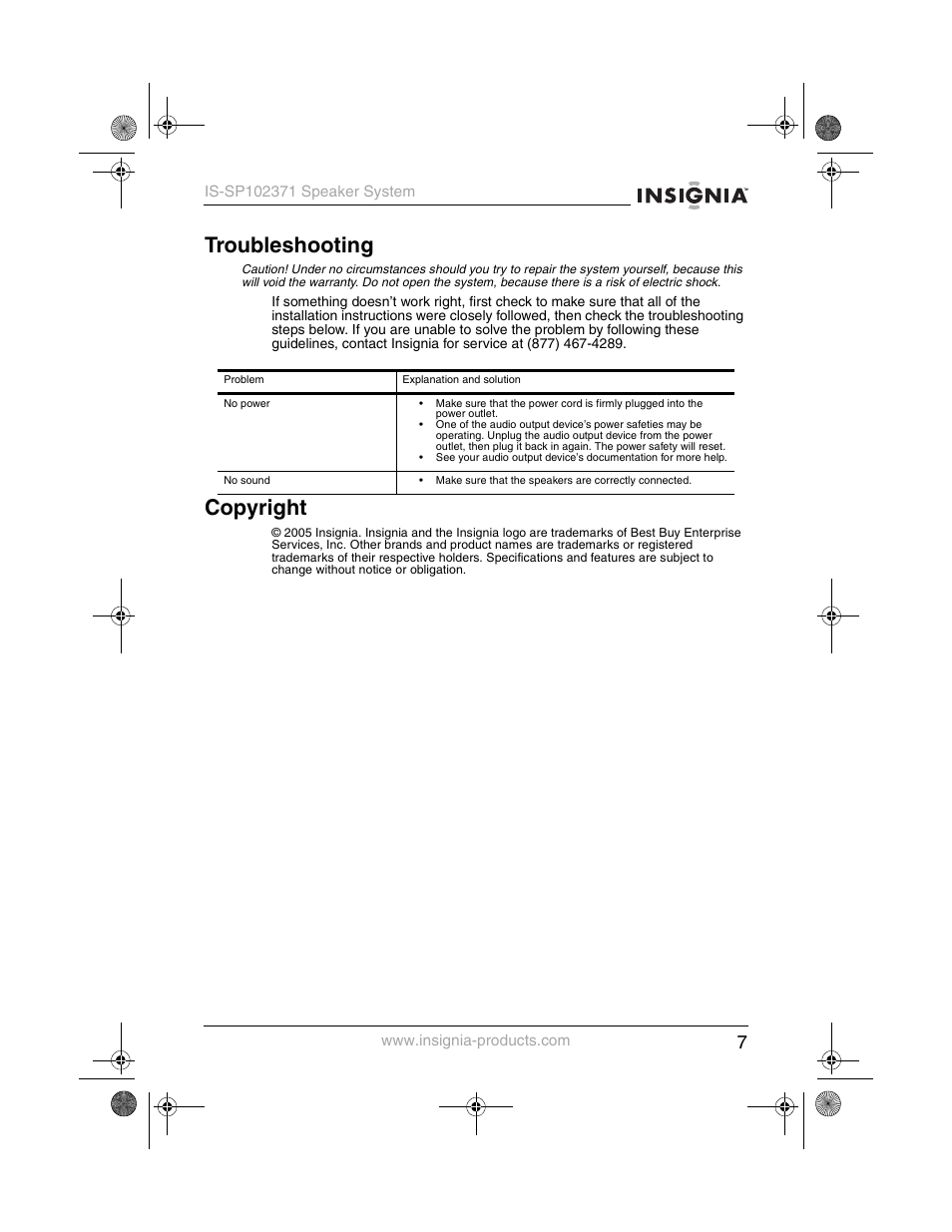Troubleshooting, Copyright | Insignia IS-SP102371 User Manual | Page 9 / 26