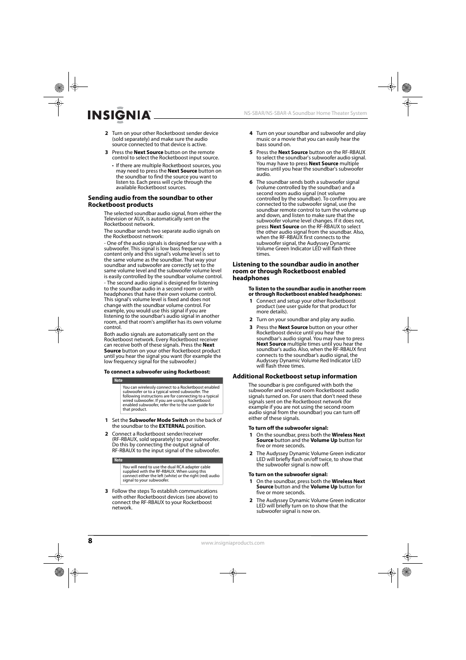 Additional rocketboost setup information, Through rocketboost enabled headphones | Insignia NS-SBAR User Manual | Page 10 / 14