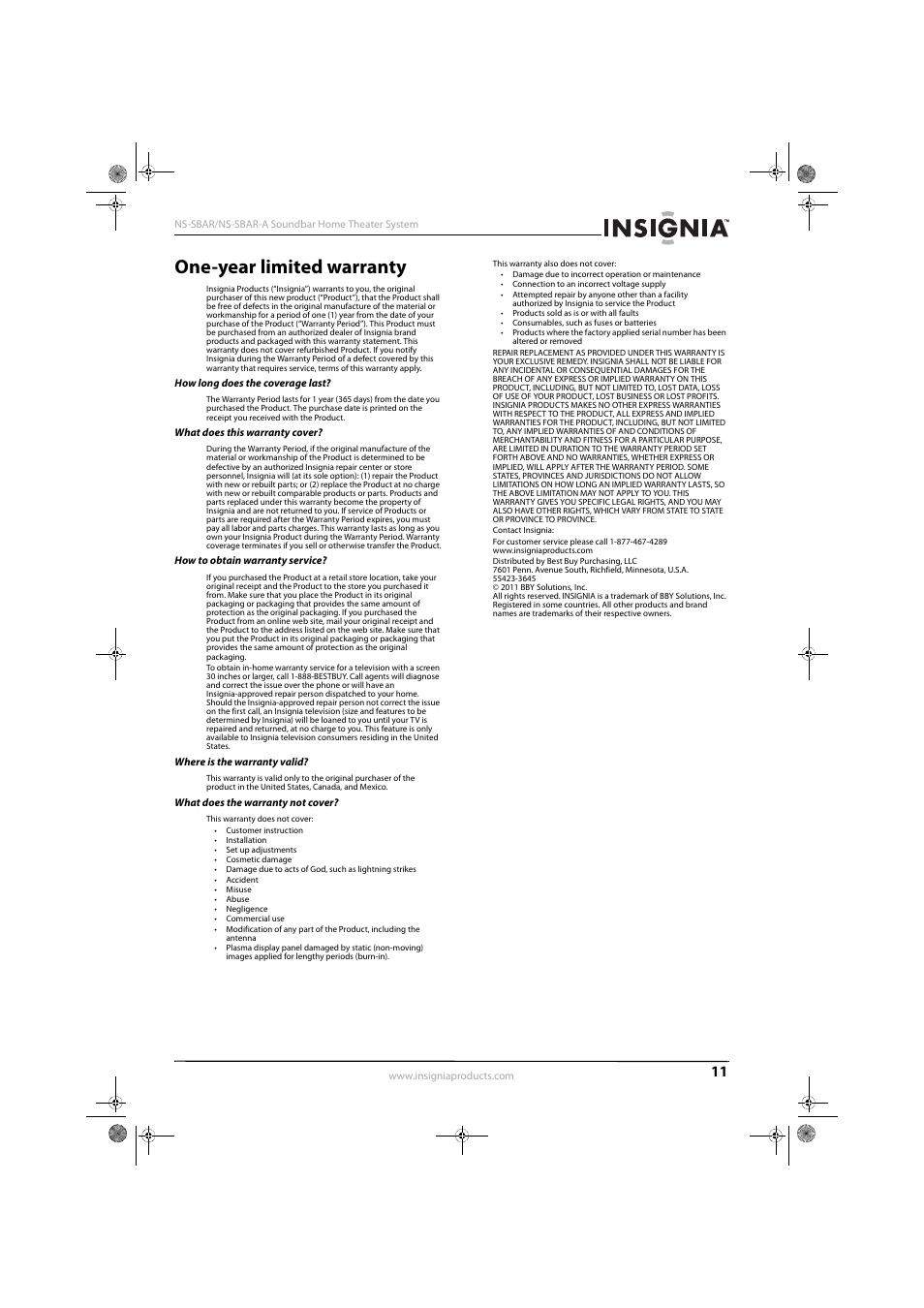 One-year limited warranty | Insignia NS-SBAR User Manual | Page 13 / 14