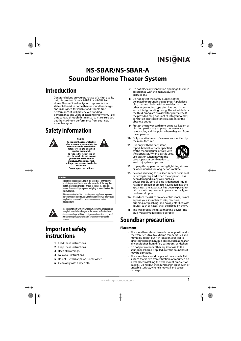 Introduction, Safety information, Important safety instructions | Soundbar precautions, Placement, Safety information important safety instructions | Insignia NS-SBAR User Manual | Page 3 / 14