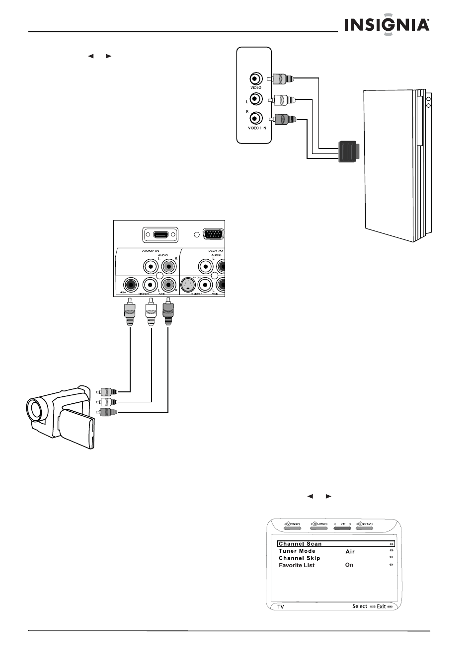 Connecting a video camcorder, Connecting a game console, Using your lcd tv | Turning on your tv, Performing the initial setup | Insignia NS-LCD42 User Manual | Page 13 / 48