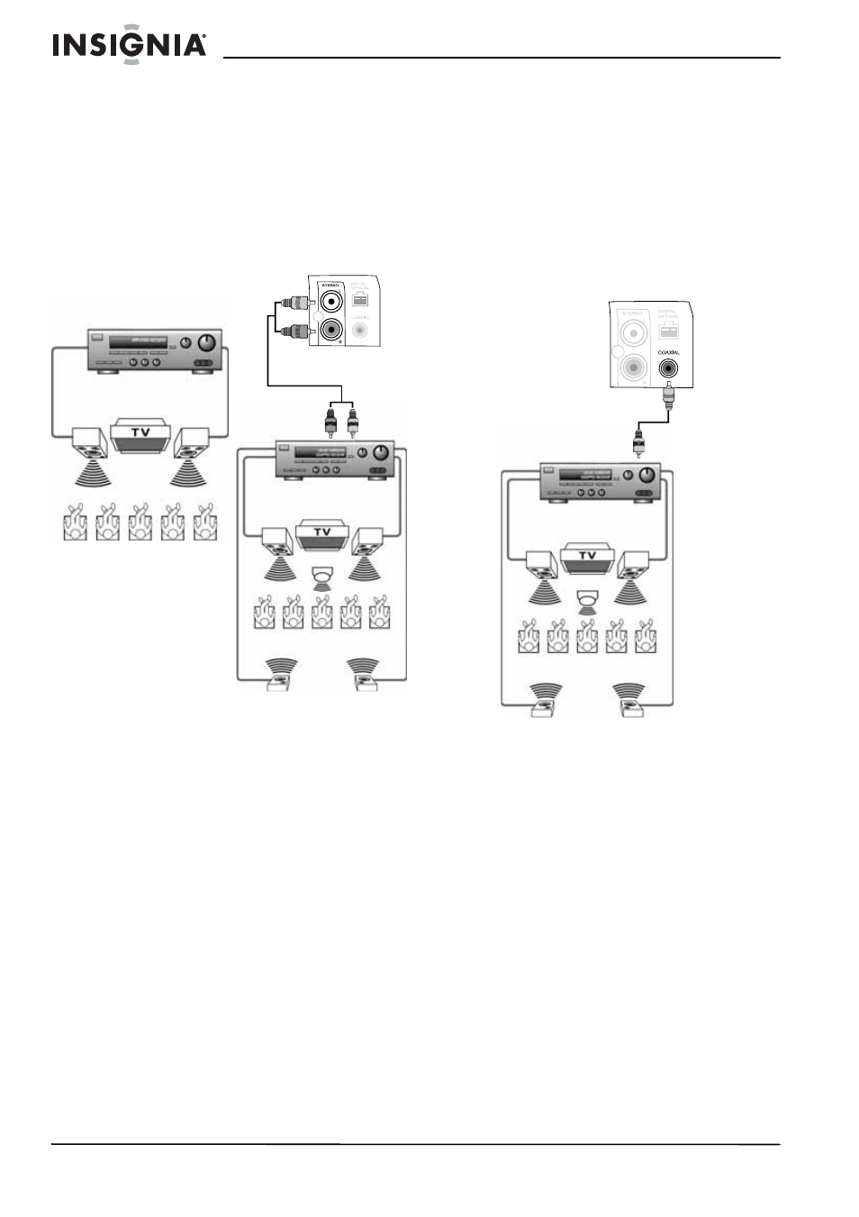 Conexión de un sistema de audio de teatro en casa, Buen rendimiento de audio, Rendimiento de audio mejorado | Insignia NS-LCD42 User Manual | Page 32 / 48