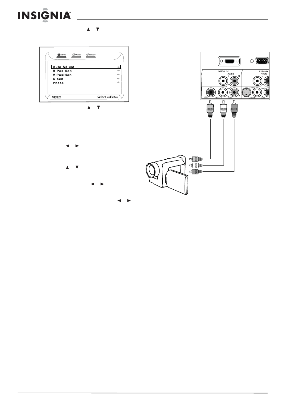 Conexión de una cámara de video, Conexión de una consola de videojuegos | Insignia NS-LCD42 User Manual | Page 34 / 48