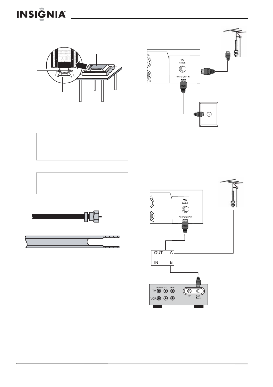 Connecting your tv to a power outlet, Connecting to an antenna or cable outlet | Insignia NS-LCD42 User Manual | Page 8 / 48