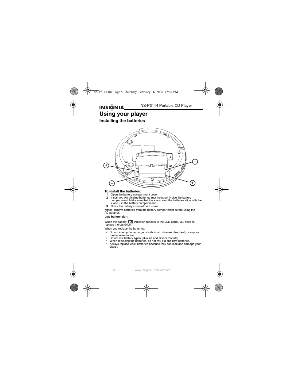 Using your player, Installing the batteries | Insignia NS-P3114 User Manual | Page 10 / 96