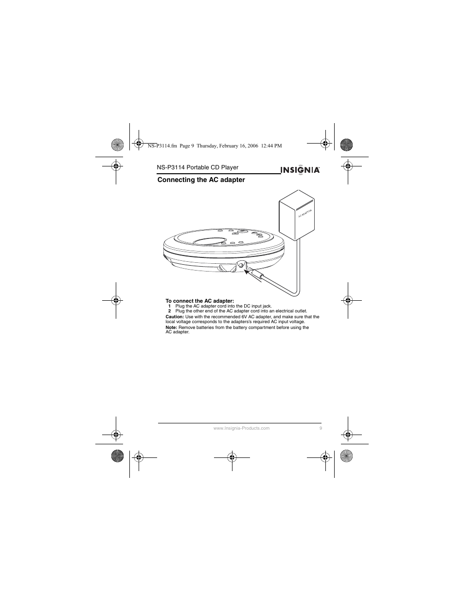 Connecting the ac adapter | Insignia NS-P3114 User Manual | Page 11 / 96