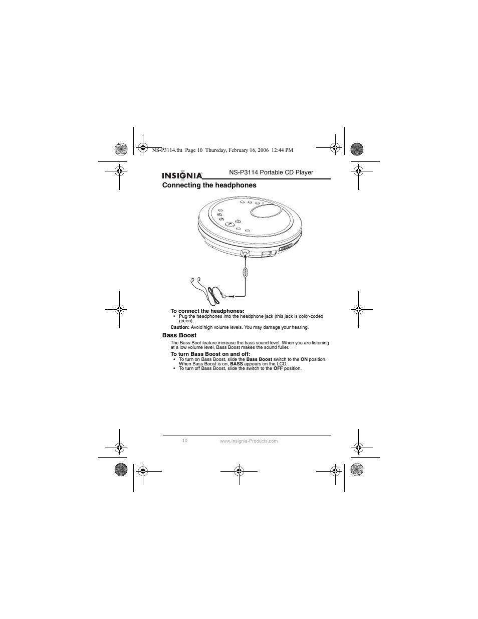 Connecting the headphones | Insignia NS-P3114 User Manual | Page 12 / 96