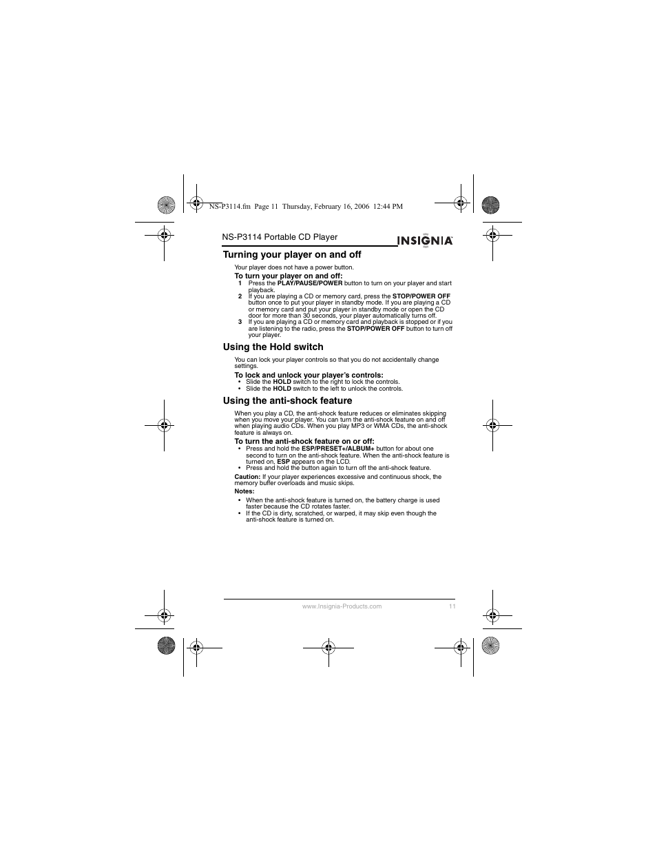 Turning your player on and off, Using the hold switch, Using the anti-shock feature | Insignia NS-P3114 User Manual | Page 13 / 96