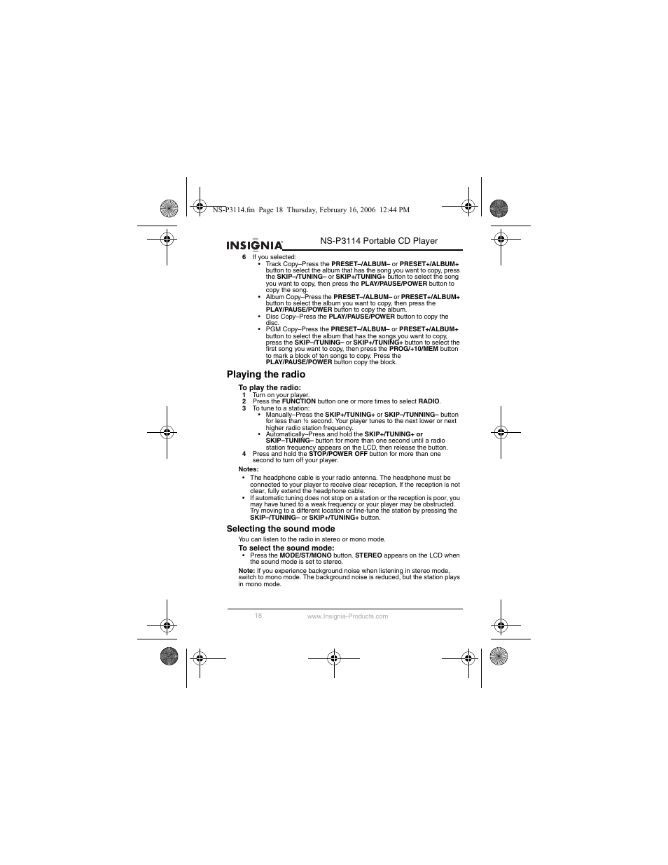 Playing the radio | Insignia NS-P3114 User Manual | Page 20 / 96