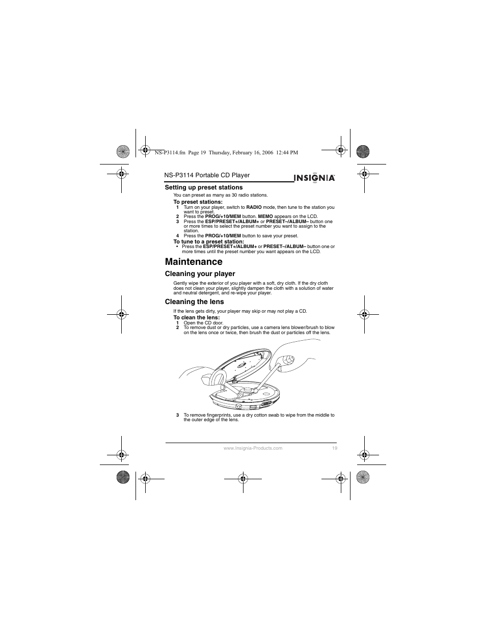 Maintenance, Cleaning your player, Cleaning the lens | Insignia NS-P3114 User Manual | Page 21 / 96