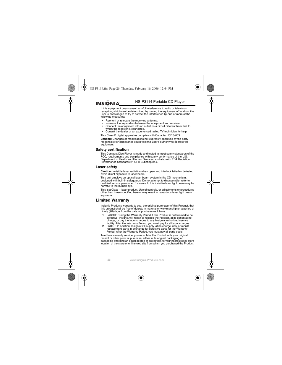 Limited warranty | Insignia NS-P3114 User Manual | Page 28 / 96