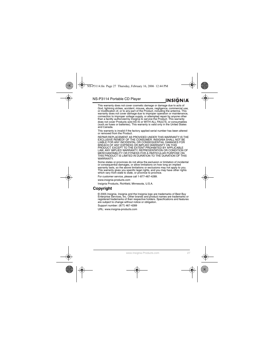 Copyright | Insignia NS-P3114 User Manual | Page 29 / 96