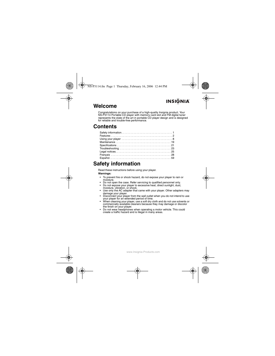 Insignia NS-P3114 User Manual | Page 3 / 96