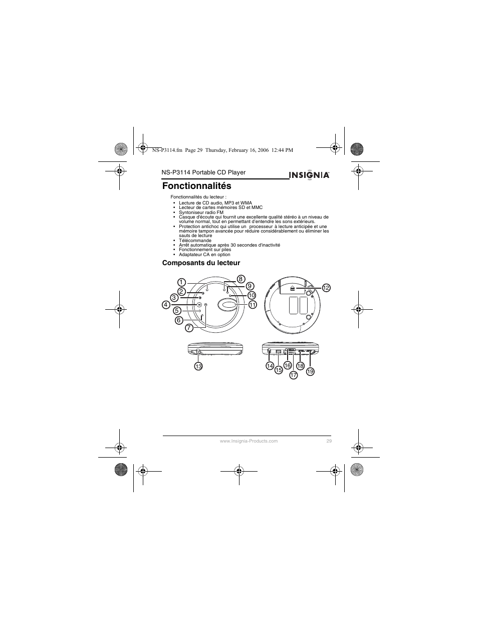 Fonctionnalités | Insignia NS-P3114 User Manual | Page 31 / 96