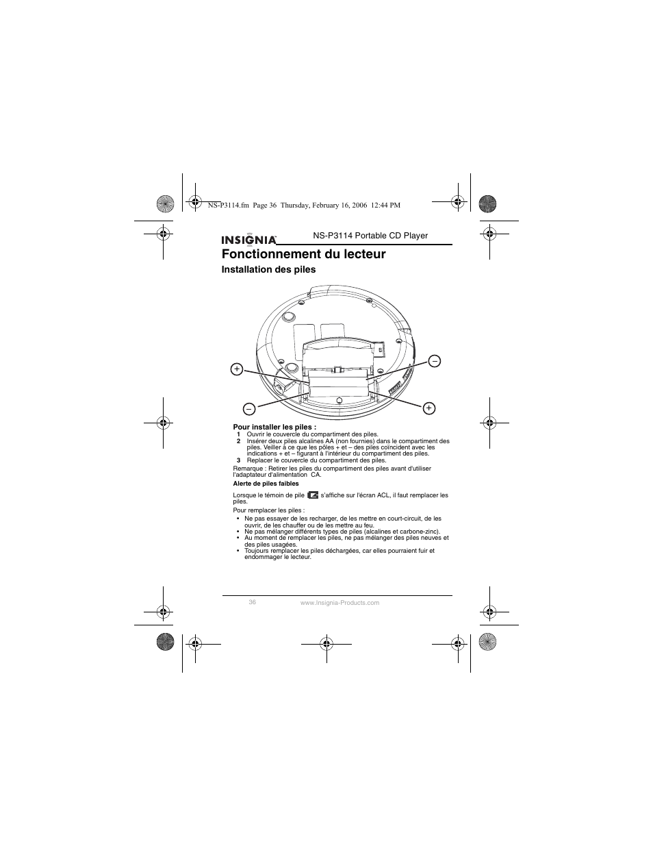 Fonctionnement du lecteur, Installation des piles | Insignia NS-P3114 User Manual | Page 38 / 96
