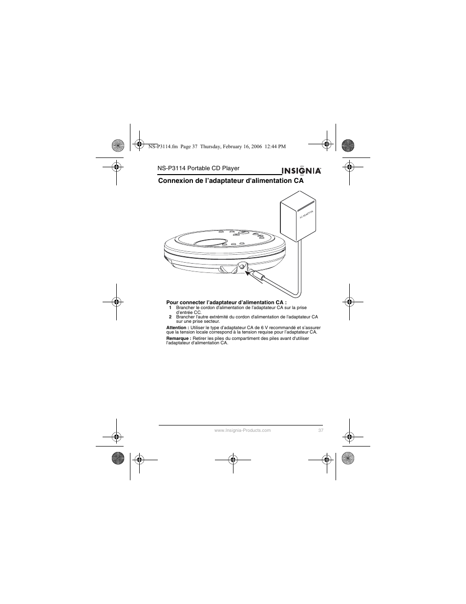 Connexion de l’adaptateur d'alimentation ca | Insignia NS-P3114 User Manual | Page 39 / 96