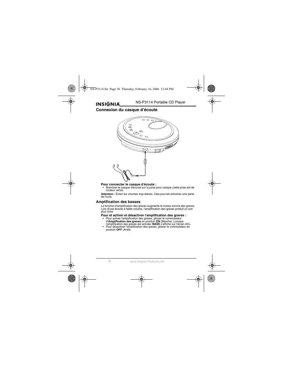 Connexion du casque d’écoute | Insignia NS-P3114 User Manual | Page 40 / 96