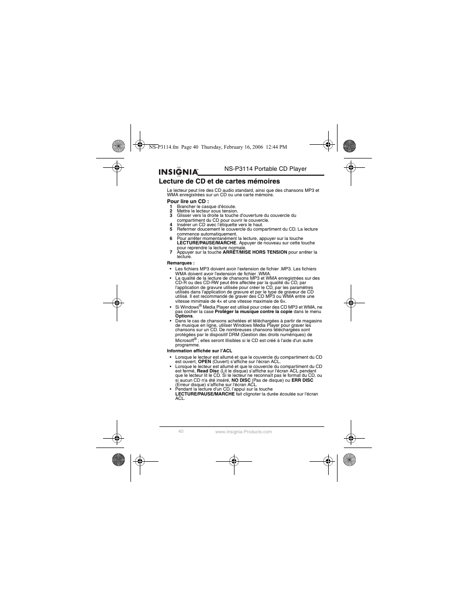 Lecture de cd et de cartes mémoires | Insignia NS-P3114 User Manual | Page 42 / 96
