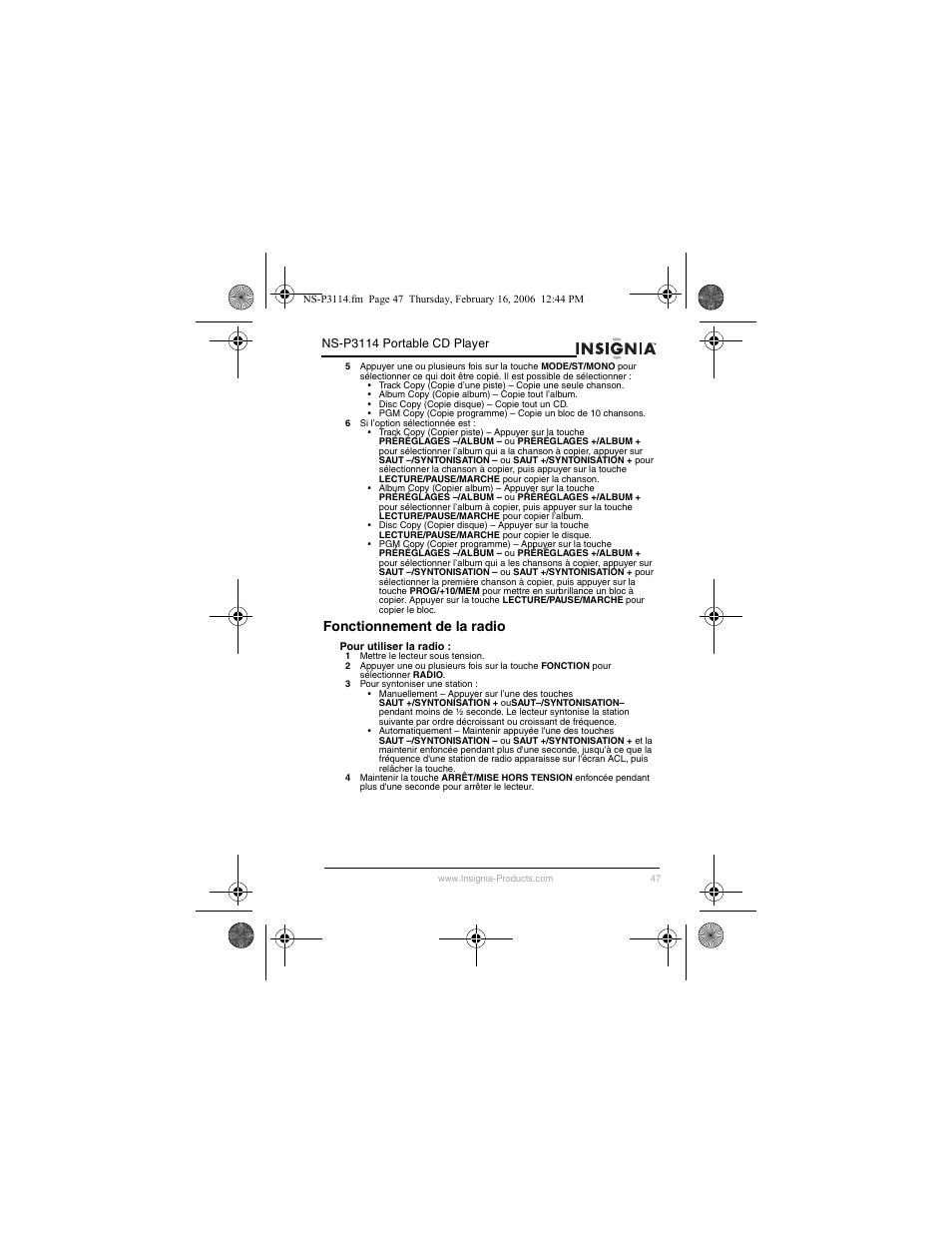 Fonctionnement de la radio | Insignia NS-P3114 User Manual | Page 49 / 96