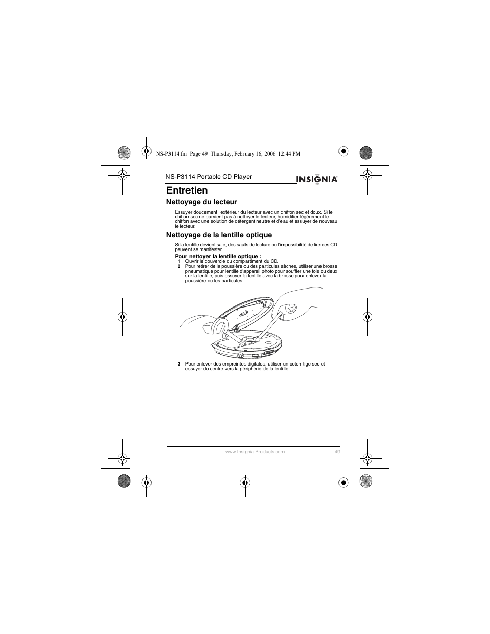 Entretien, Nettoyage du lecteur, Nettoyage de la lentille optique | Insignia NS-P3114 User Manual | Page 51 / 96