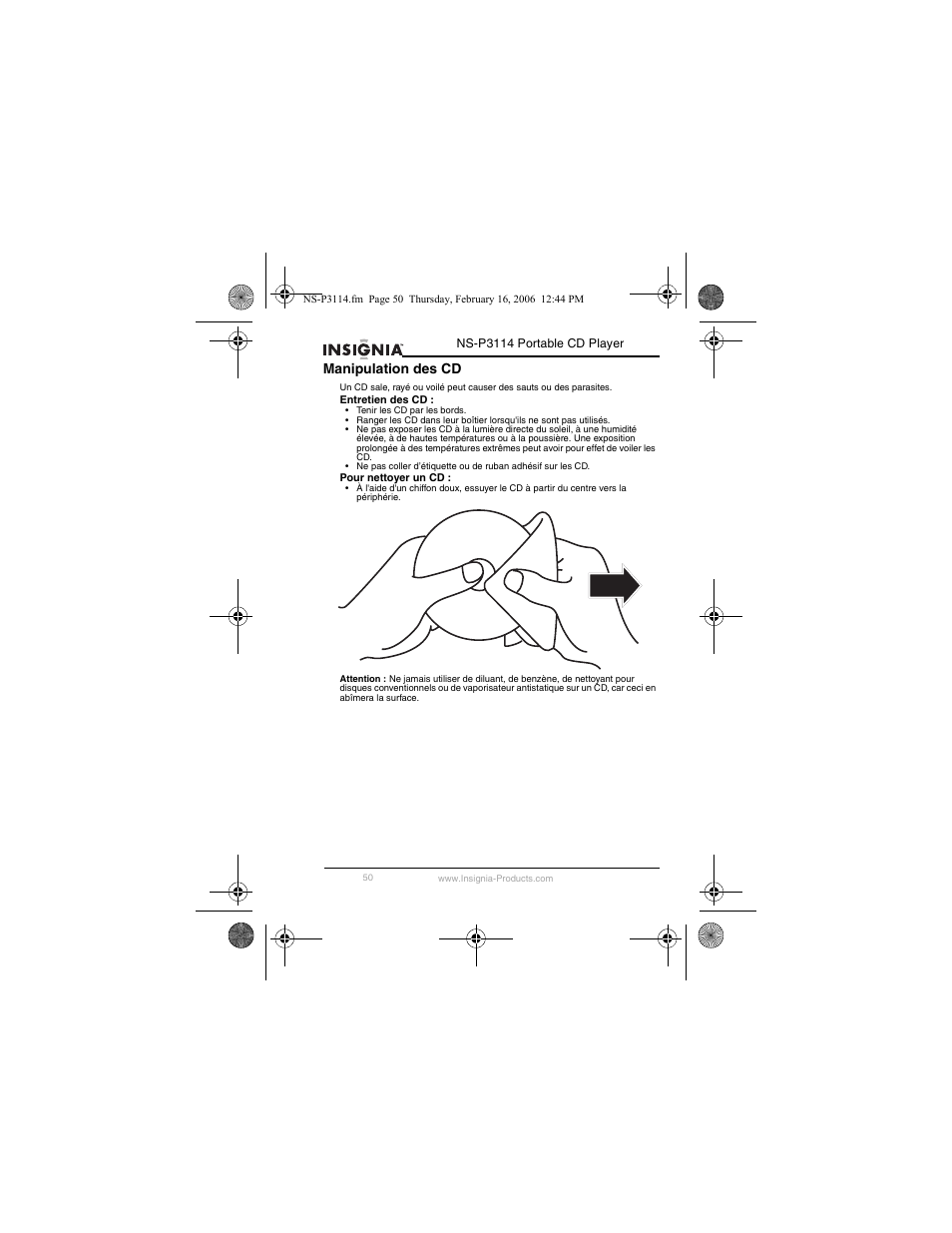 Manipulation des cd | Insignia NS-P3114 User Manual | Page 52 / 96