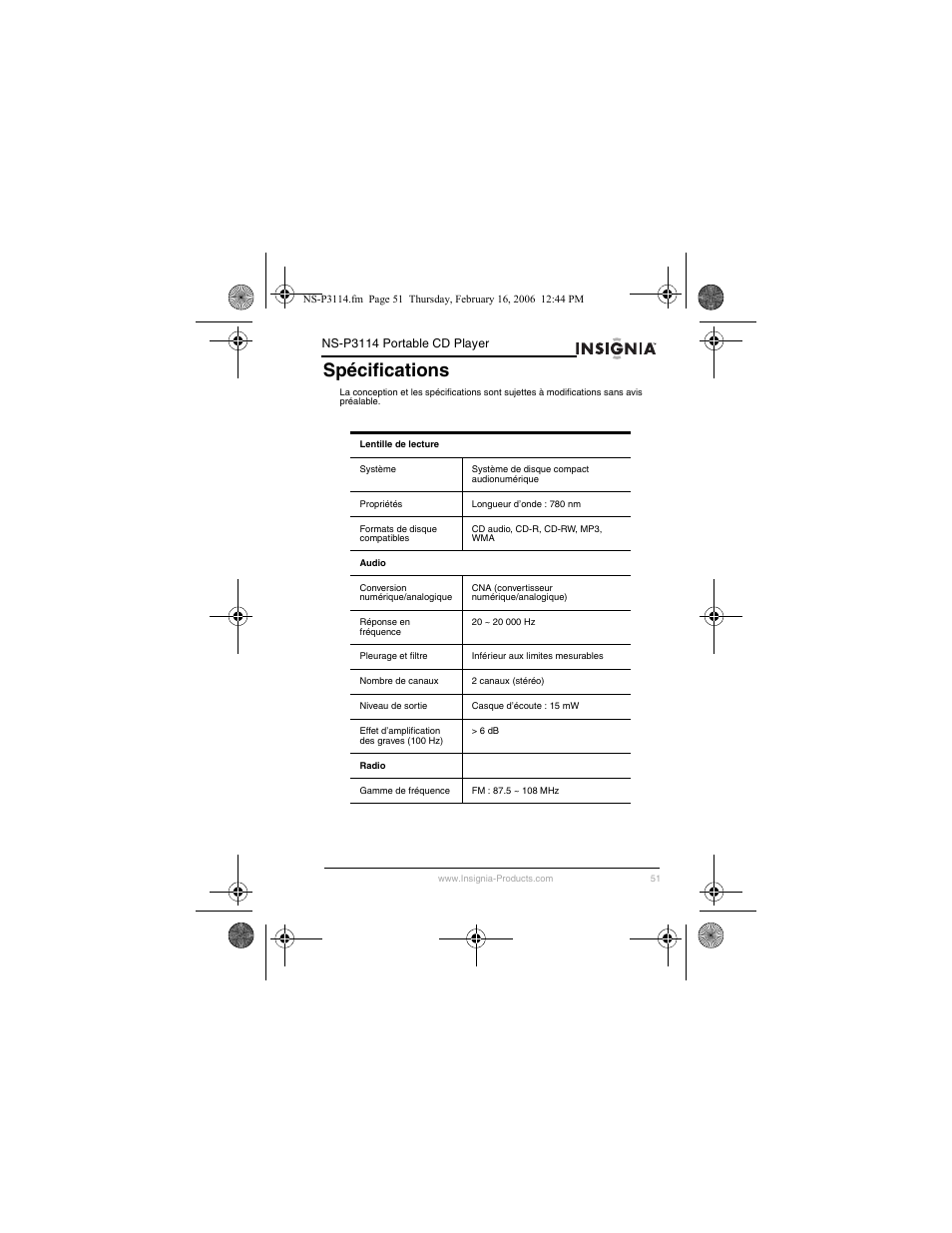 Spécifications | Insignia NS-P3114 User Manual | Page 53 / 96