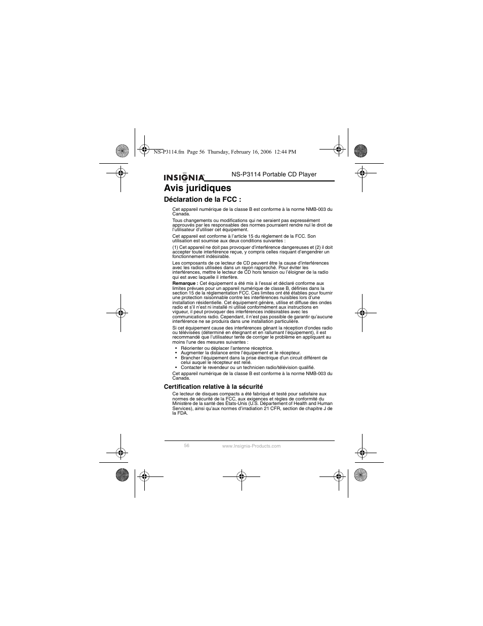 Avis juridiques | Insignia NS-P3114 User Manual | Page 58 / 96