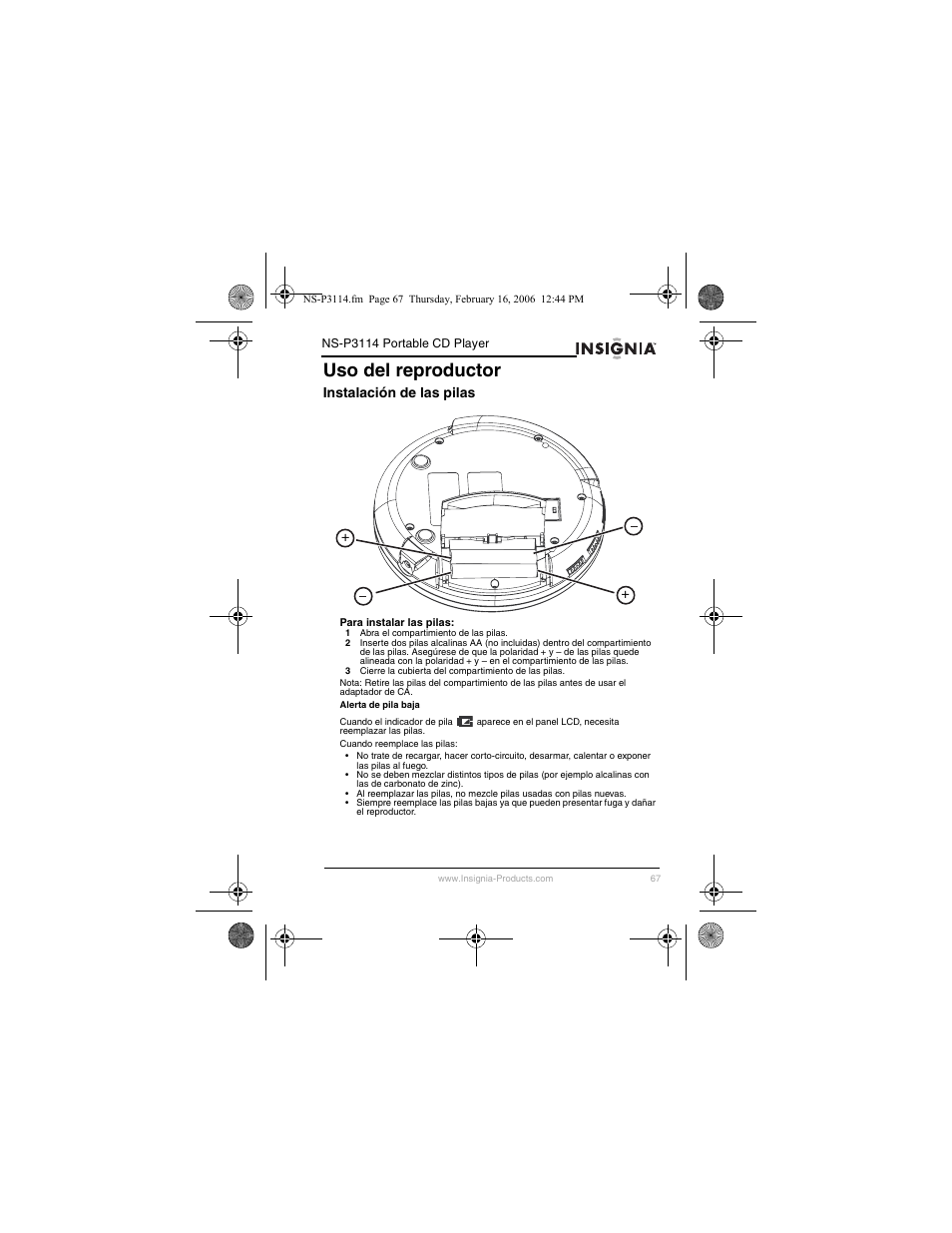 Uso del reproductor, Instalación de las pilas | Insignia NS-P3114 User Manual | Page 69 / 96