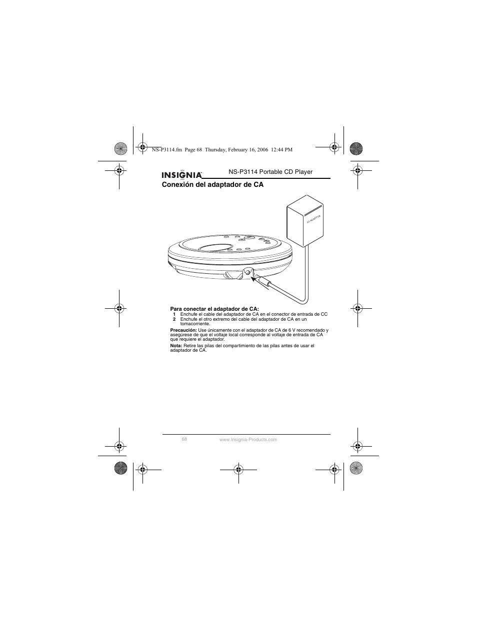 Conexión del adaptador de ca | Insignia NS-P3114 User Manual | Page 70 / 96