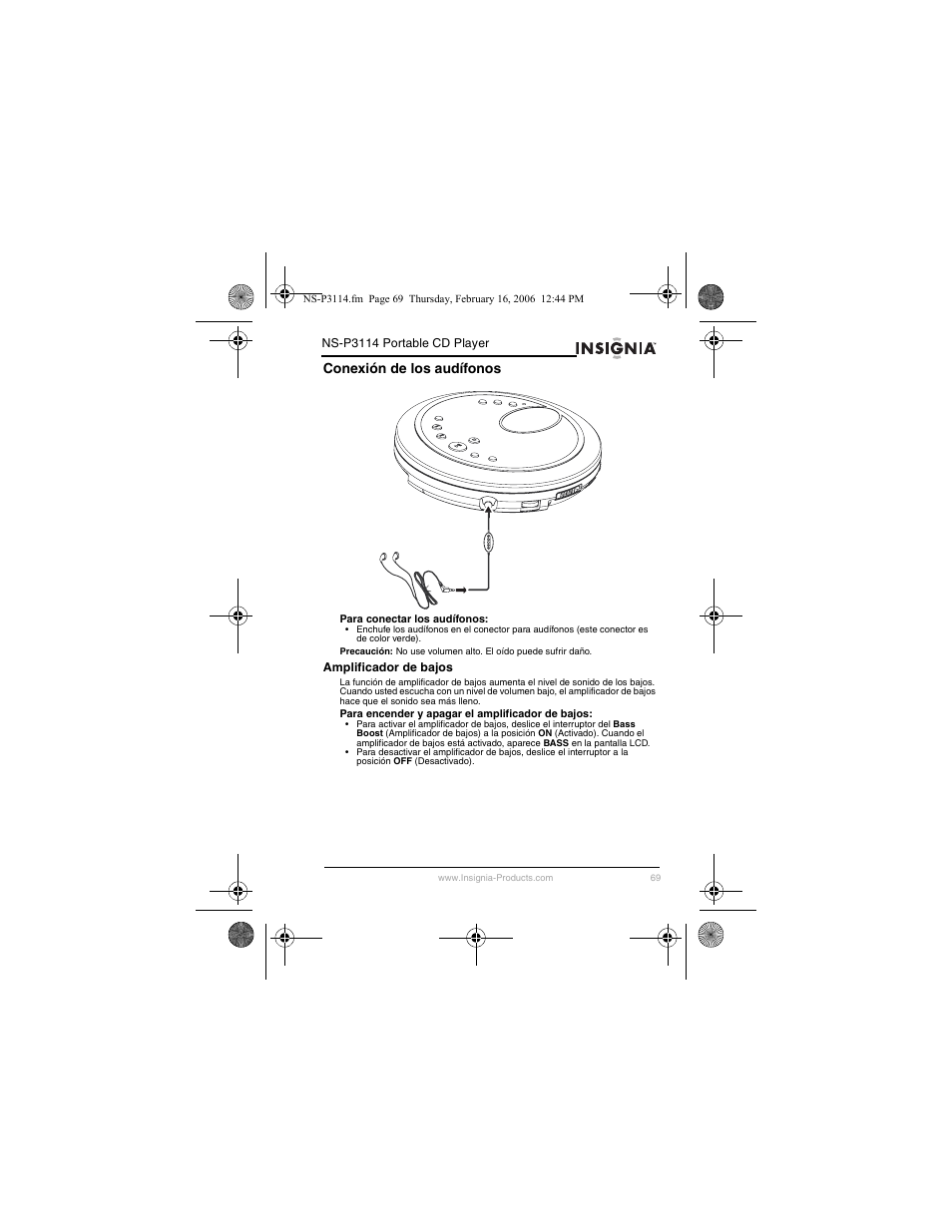 Conexión de los audífonos | Insignia NS-P3114 User Manual | Page 71 / 96
